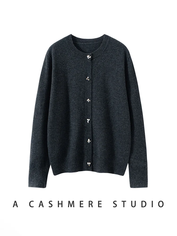 

Женский свитер из 100% кашемира с круглым вырезом, инкрустированный бриллиантами кардиган на пуговицах, осень-зима, кашемировый трикотаж с длинными рукавами, мягкие теплые топы