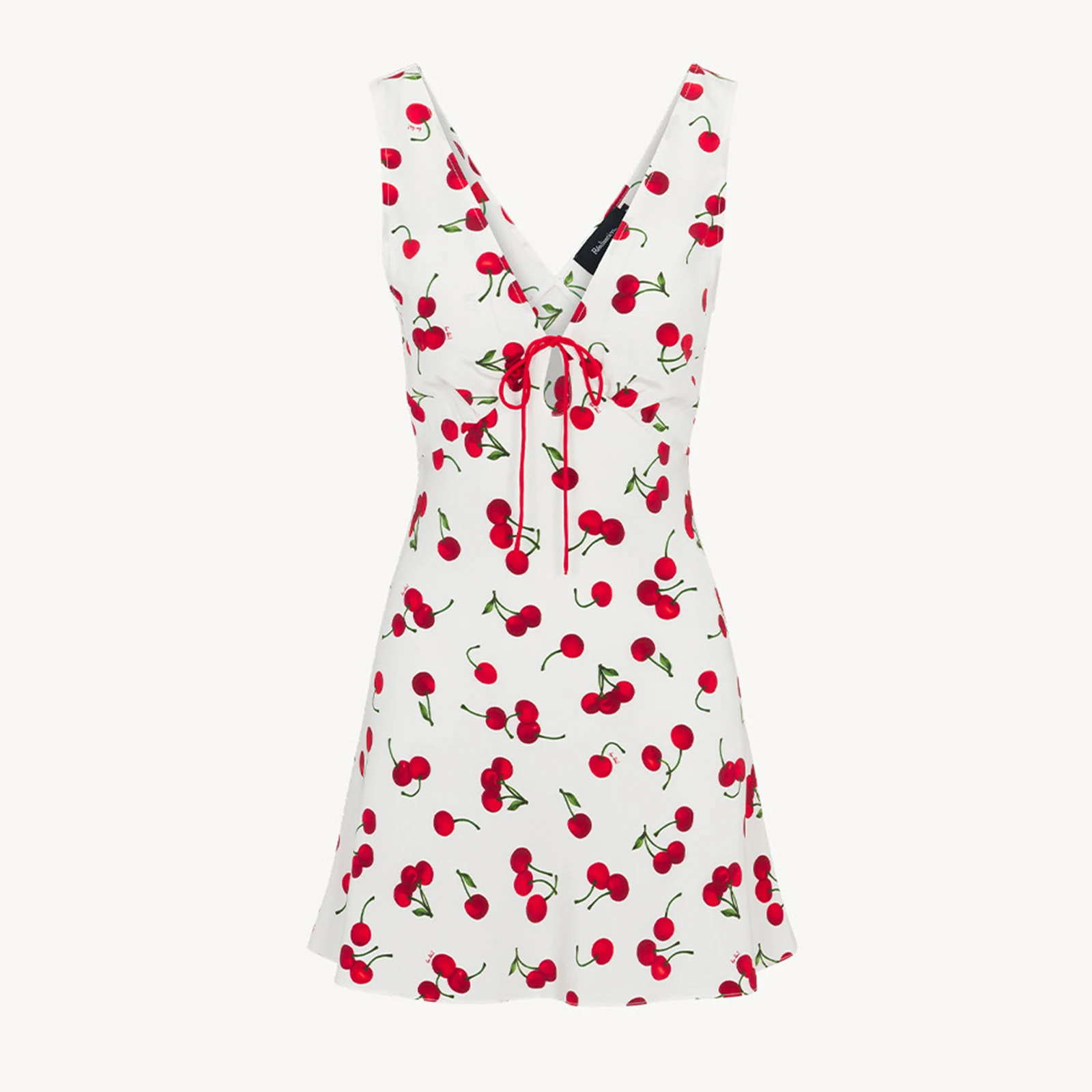 

Women Y2K Sweet Mini Dress Cherry Print Tie-Up Front Shirring V-Neck Sleeveless Dress Summer Fashion Casual Dress
