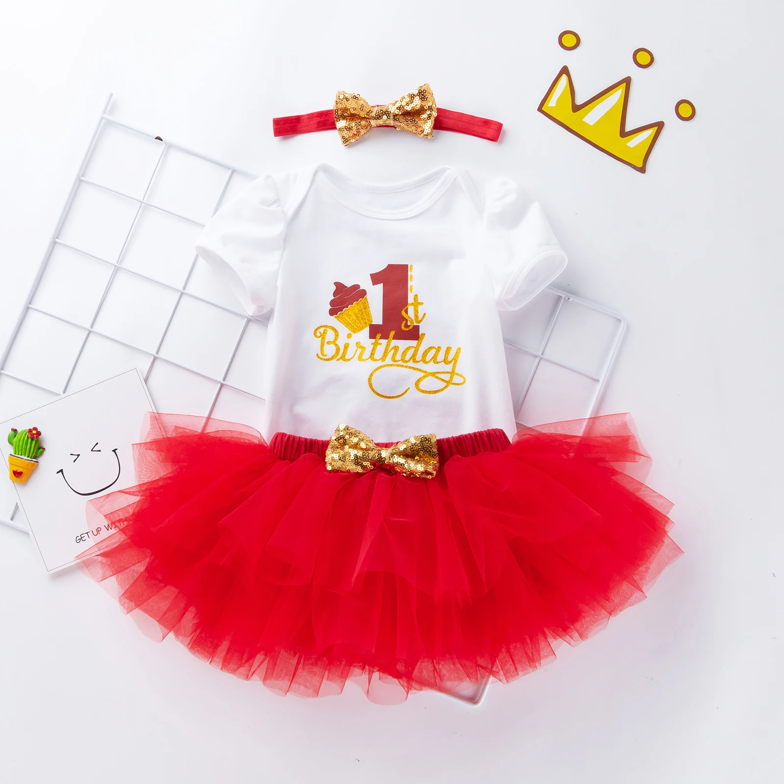 Summer baby girls bow headwear+cotton short sleeved jumpsuit+sheer short skirt set, little princess birthday party set