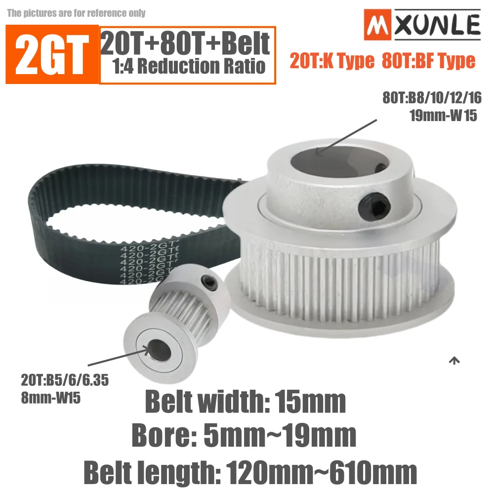 Belt pulley kit 20T 80T 2GT bandwidth 15mm speed ratio 1:4 Bore 5~12mm for 3D printer synchronous wheel 2M GT2 belt pulley kit