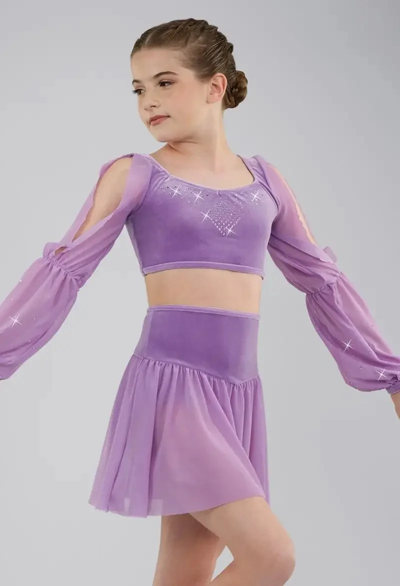 Purple long sleeved split back hollow cross skirt jazz performance outfit