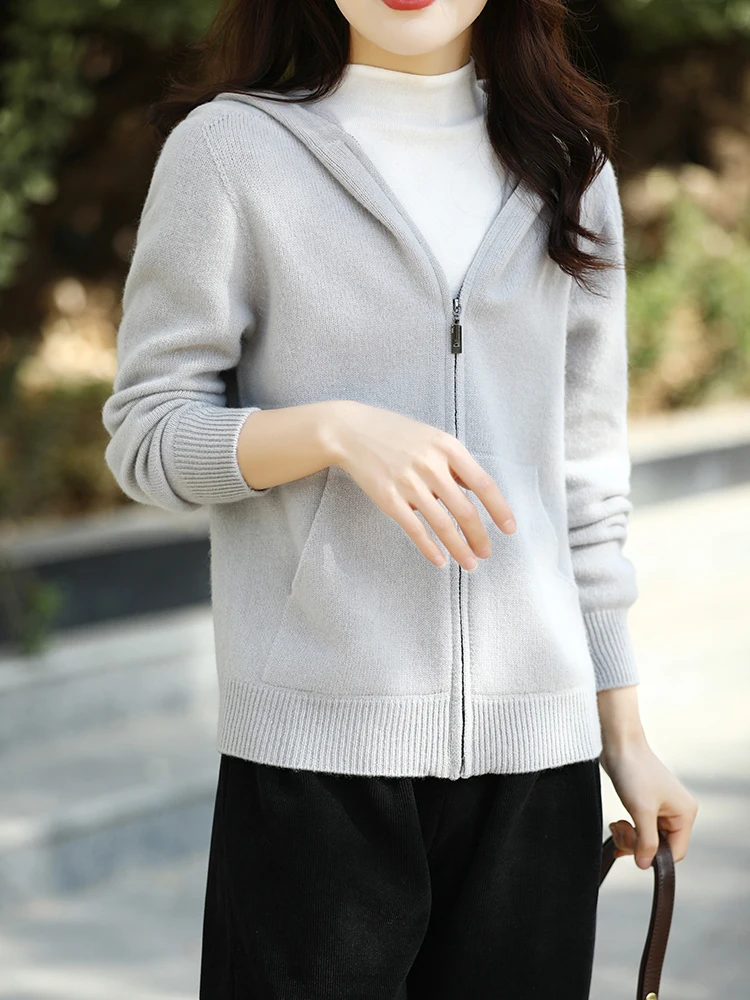 Women Zipper Hoodies Cardigan 100% Merino Wool Sweater Spring Autumn Casual Long Sleeve Solid Cashmere Knitwears Korean Fashion