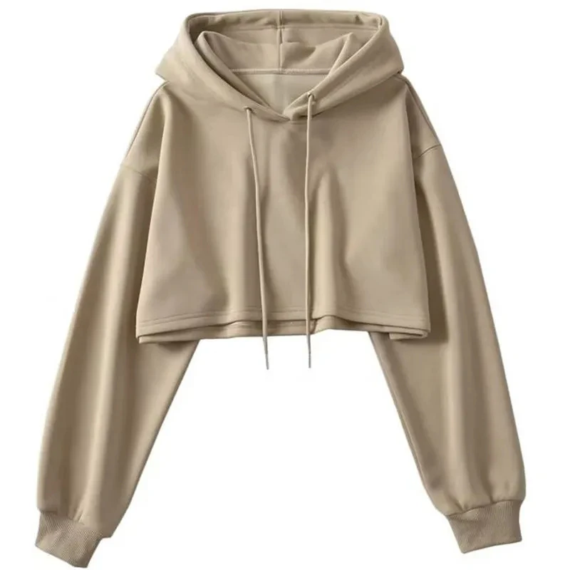 

Thin Hooded Sweatshirt Women Fashion Cropped Drawstring Solid Long Sleeve Pullover Casual Running Street Dance Harajuku Y2K Tops