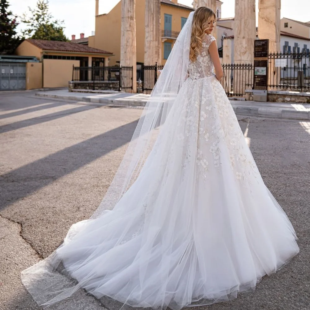 Angepasst Vintage Tüll A-linie Hochzeit Kleid 2024 Flora 3D Blumen Spitze Appliques Braut Kleider Für Frauen Vestido De YAW46