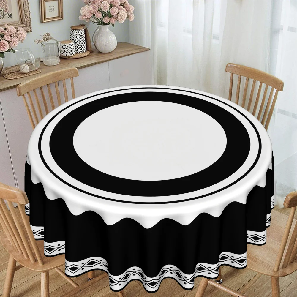 The black, white and gray geometric printed round tablecloth is suitable for home use.zyc