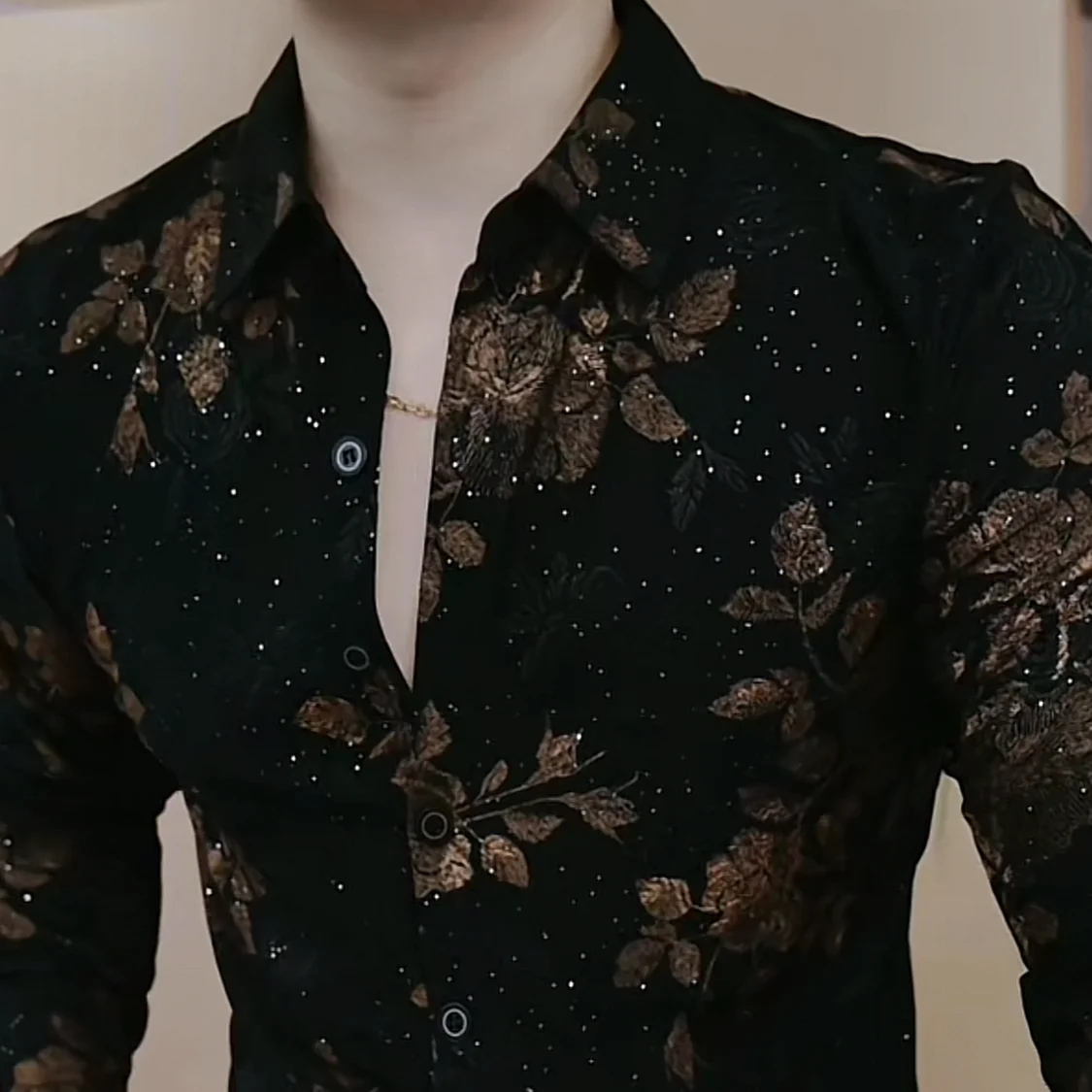 New Long-sleeved Printed Lapel Shirt Versatile Men Fashionable Thick Korean Button Sequins