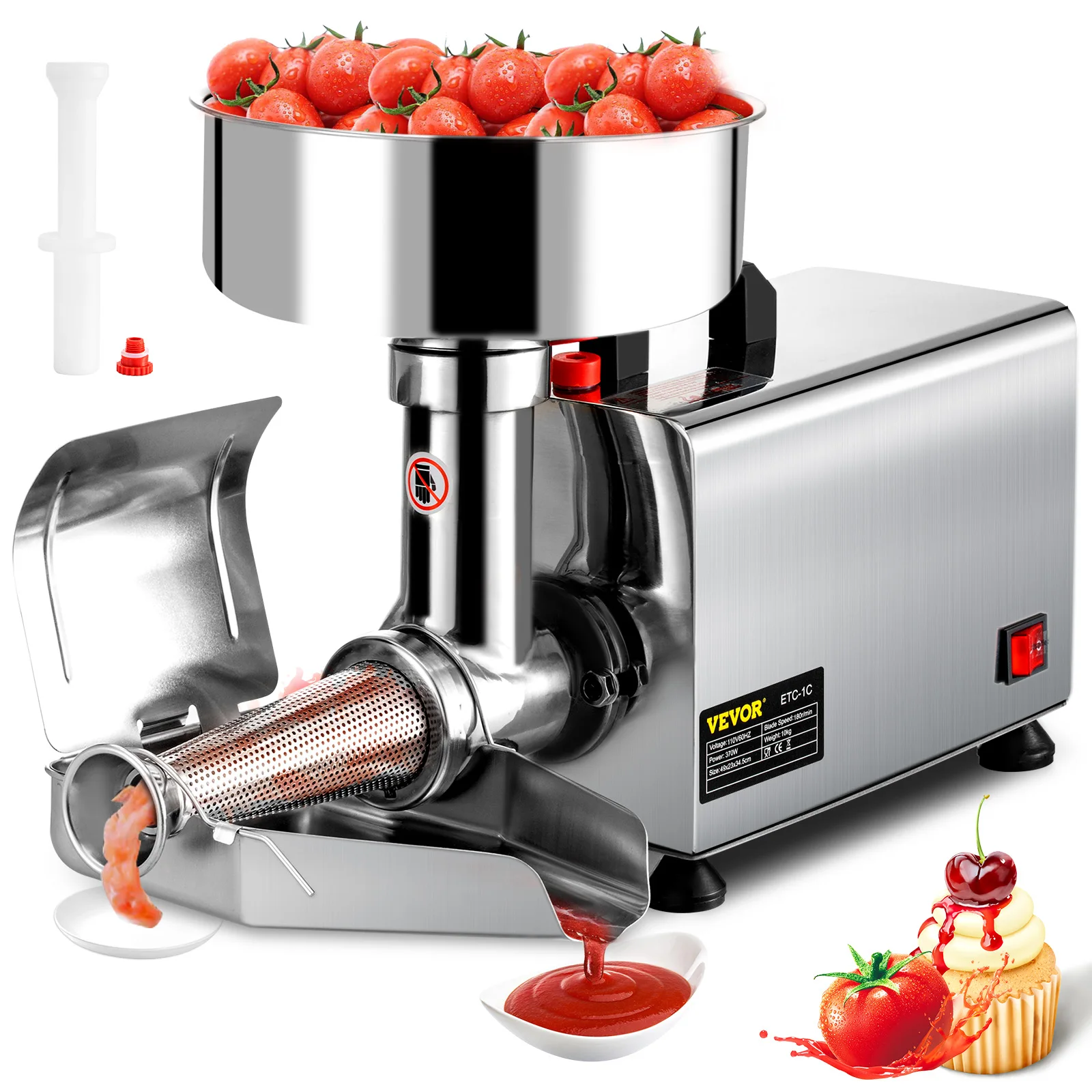 VEVOR Filtro Elettrico per Pomodori Acciaio Inossidabile 370W Spremiagrumi Elettrico per Salsa in Acciaio Inossidabile 90-160 kg / h per Salsa di Fragole Ketchup Salsa di Mirtilli Rossi