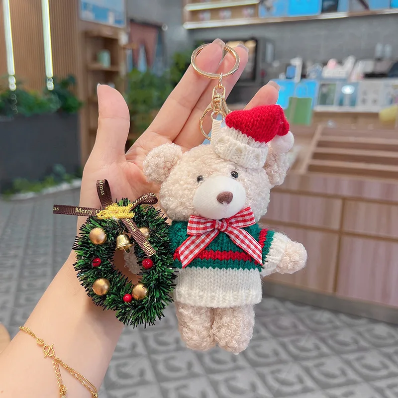 Miniso 2026 [Christmas Gift] Creative Gingerbread Man Sweater Bear Keychain Cartoon Plush Scarf Doll Bag Ornament Gift for Girls