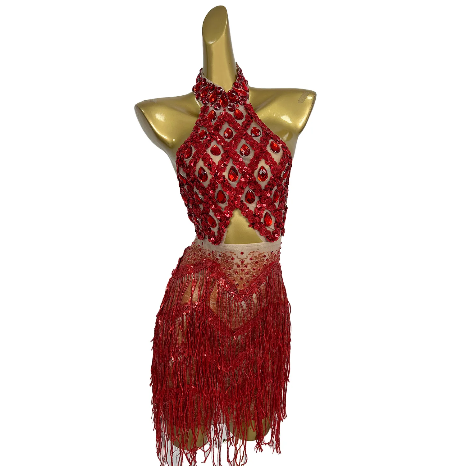 

Sexy Sleeveless Latin Dance Performance Costume Shiny Red Diamond Sequins Tassel Skirt Nightclub Club Birthday Party Dress hs
