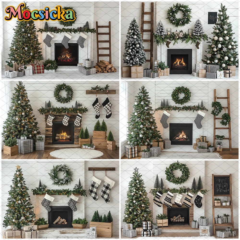 Mocsicka Christmas Photography Background Kid Family Festival Party Backdrop Home Xmas Tree White Fireplace Pattern Decor Banner