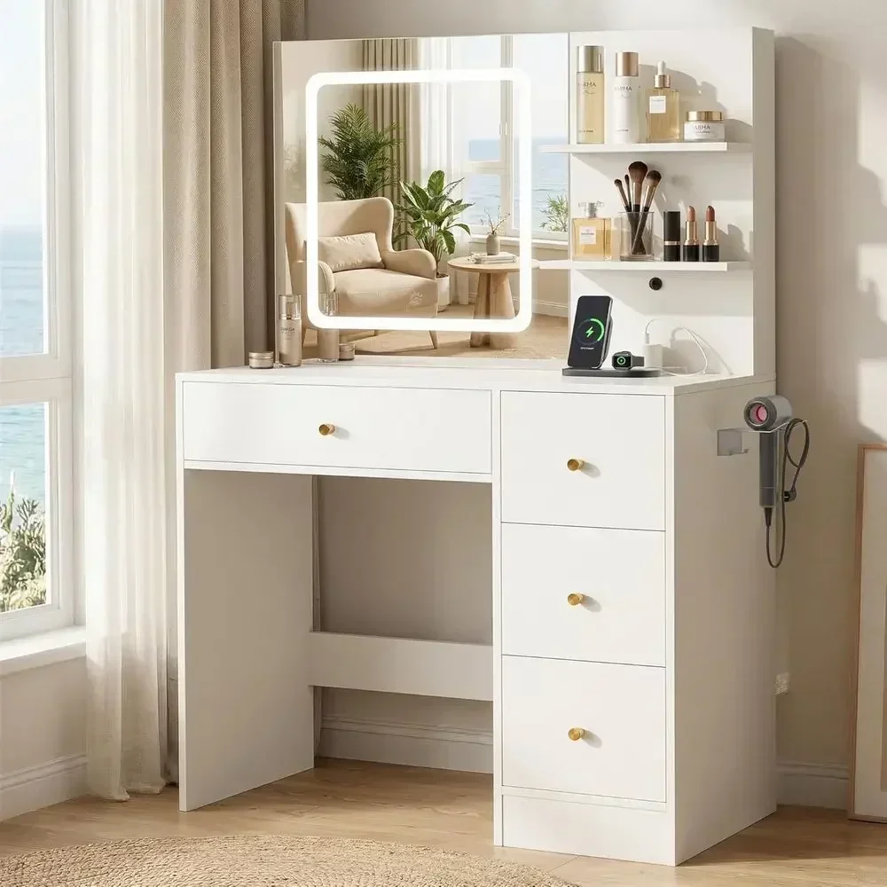 37 White Vanity Desk with Power Outlet, USB Ports, and 4-Direction Dimmable LED Mirror for Vanity or Bedroom Use