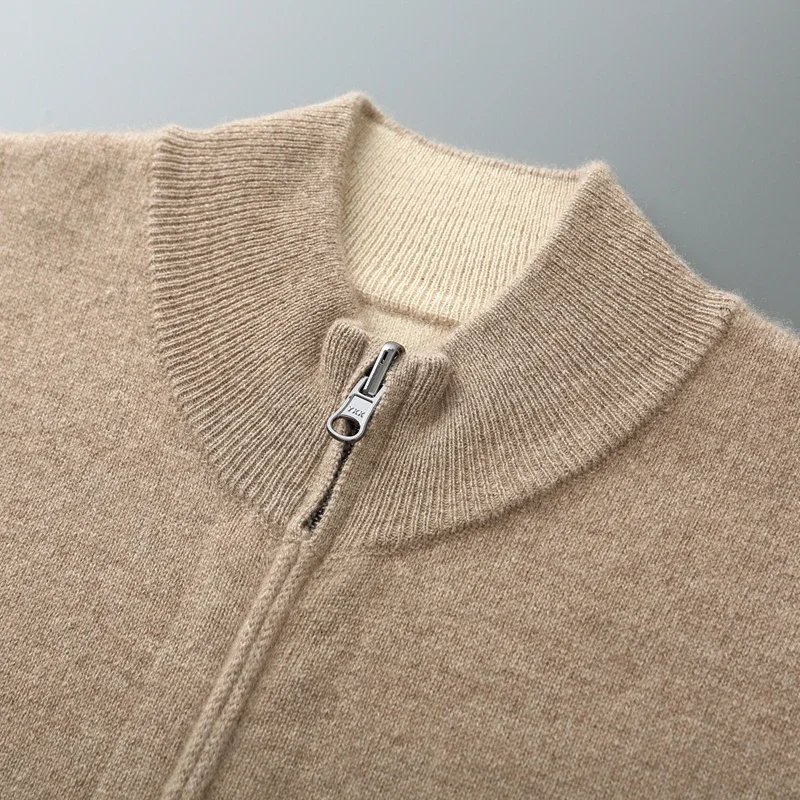 

High-end Men 100% Merino Wool Sweater Zipper Cardigan Autumn Winter Wool Knitwear Thick Mock Neck Double Sided Wearable Coat