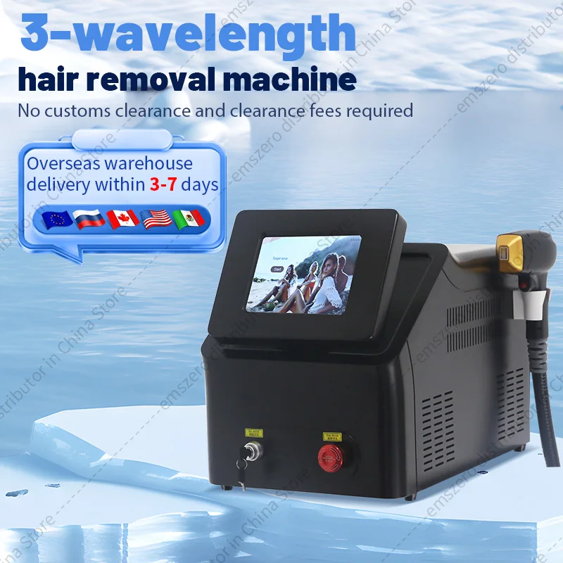 Diode 3-wavelength laser painless permanent hair removal machine, 808nm 755nm 1064nm