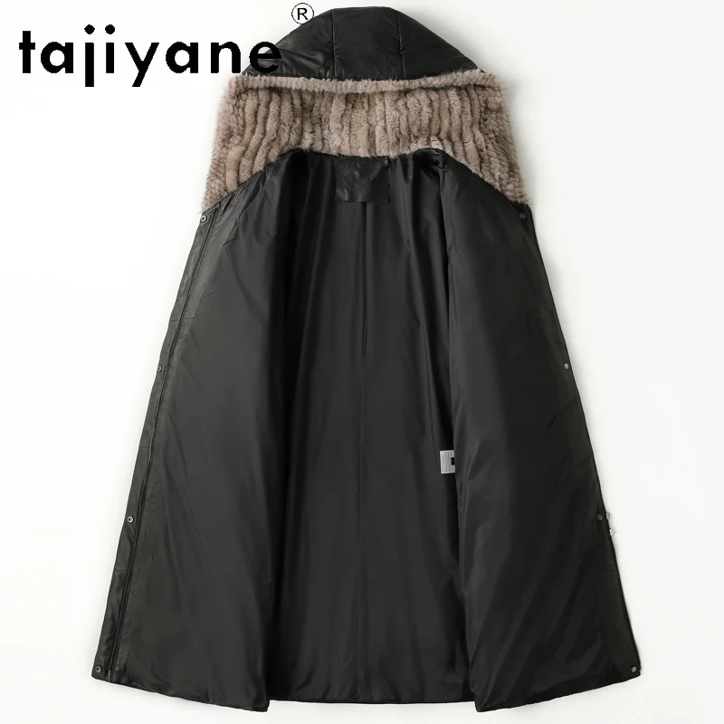 TAJIYANE 100% أعلى الحبوب جلد الغنم أوزة أسفل معطف امرأة جلد طبيعي سترة طويلة منفوخة مع قبعة فرو المنك 2025 الملابس الشتوية