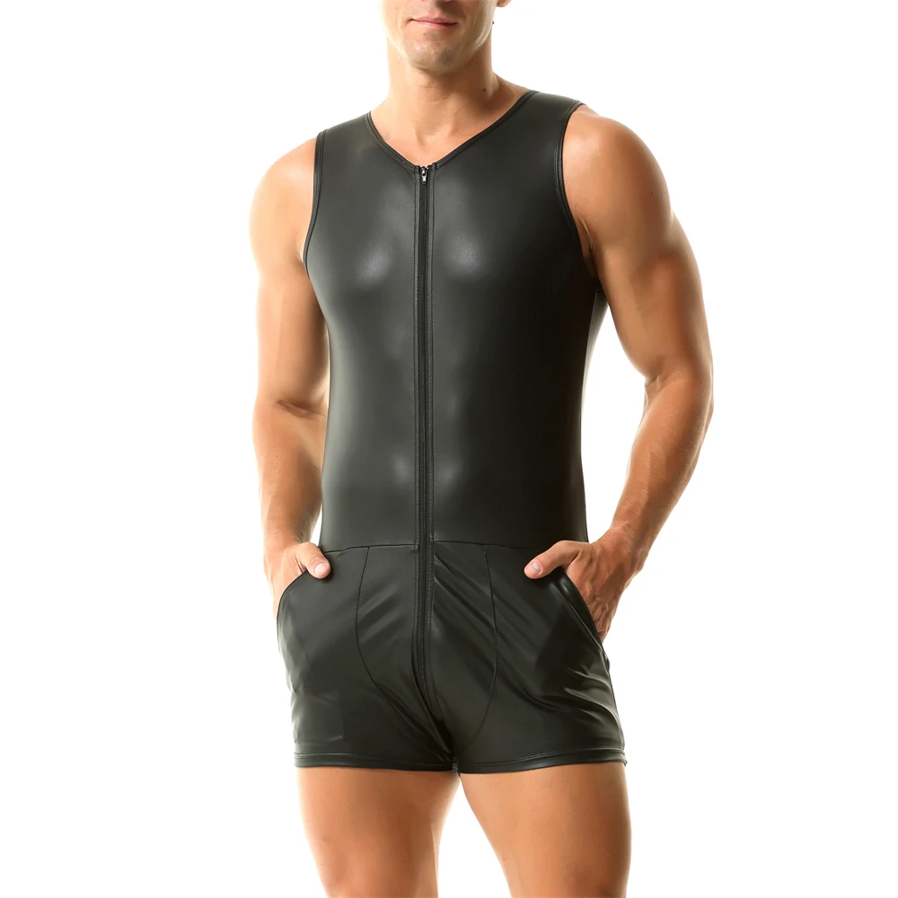 Men's Sexy Zipper Crotch Faux Leather Bodysuits Wrestling Singlet Male Boxer Shorts Jumpsuits Club Dance Leotard Man Clubwear