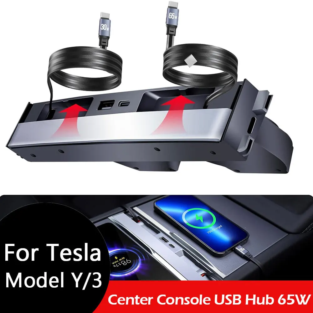 

65W USB Hub for Tesla Model Y Juniper 2026 Fast Charger Model 3 Highland Charger Hub 4-Ports Retractable Phone Charger USB Hub