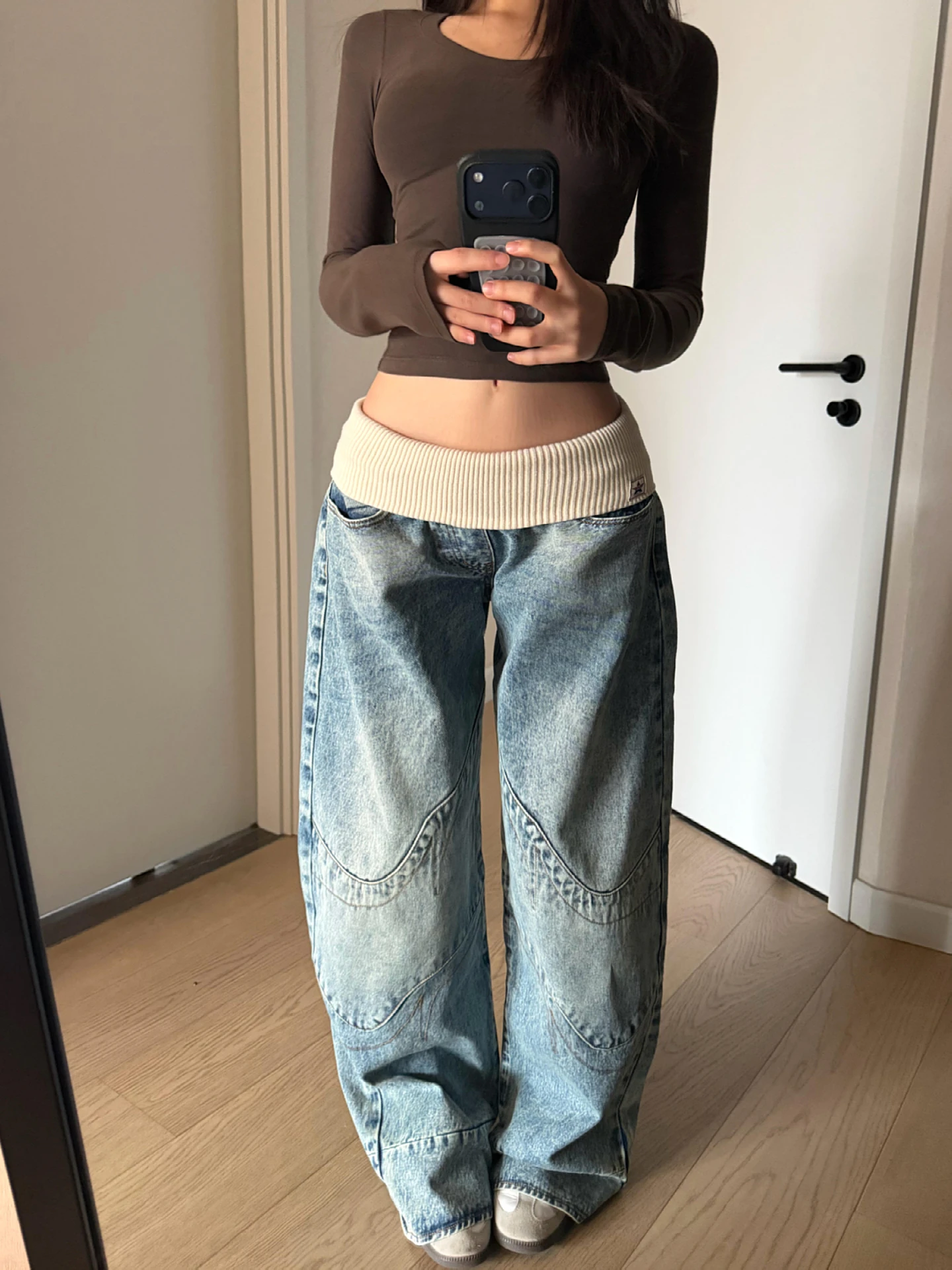 

Джинсы женские с высокой талией и широкими штанинами, в уличном стиле, ретро, с пэчворком, с отворотами, усиленные, повседневные, на все сезоны