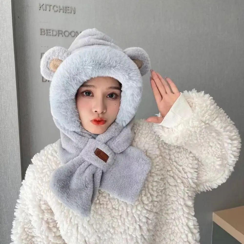 Winter Windproof Integrated Cap Scarf Thickening Warm Beanie Hat Scarf Soft Scarf Set Hooded for Women