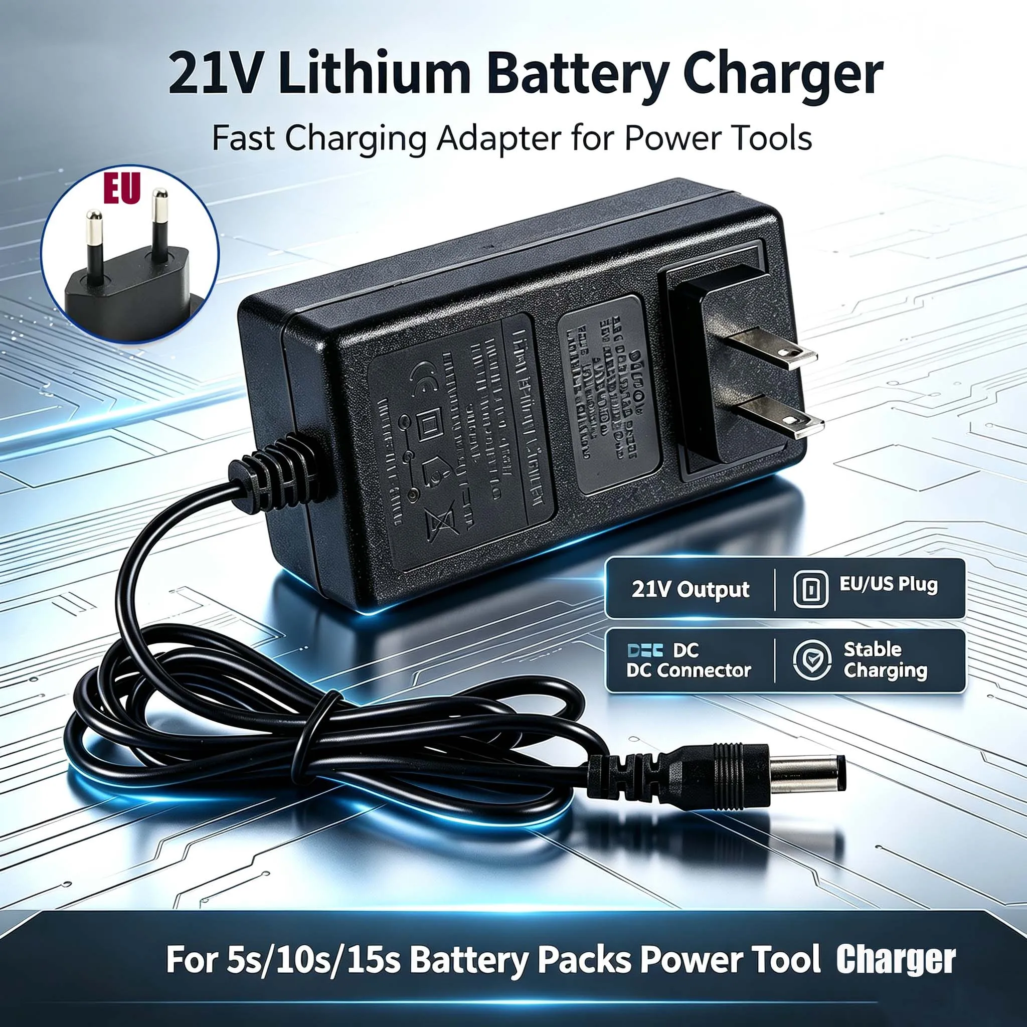 EU US Plug 21V 1A 2A 18650 Lithium Battery Charger For 18V Screwdriver Wrench Li-ion Battery Pack DC 5.5mm* 2.1mm 2.5mm Input