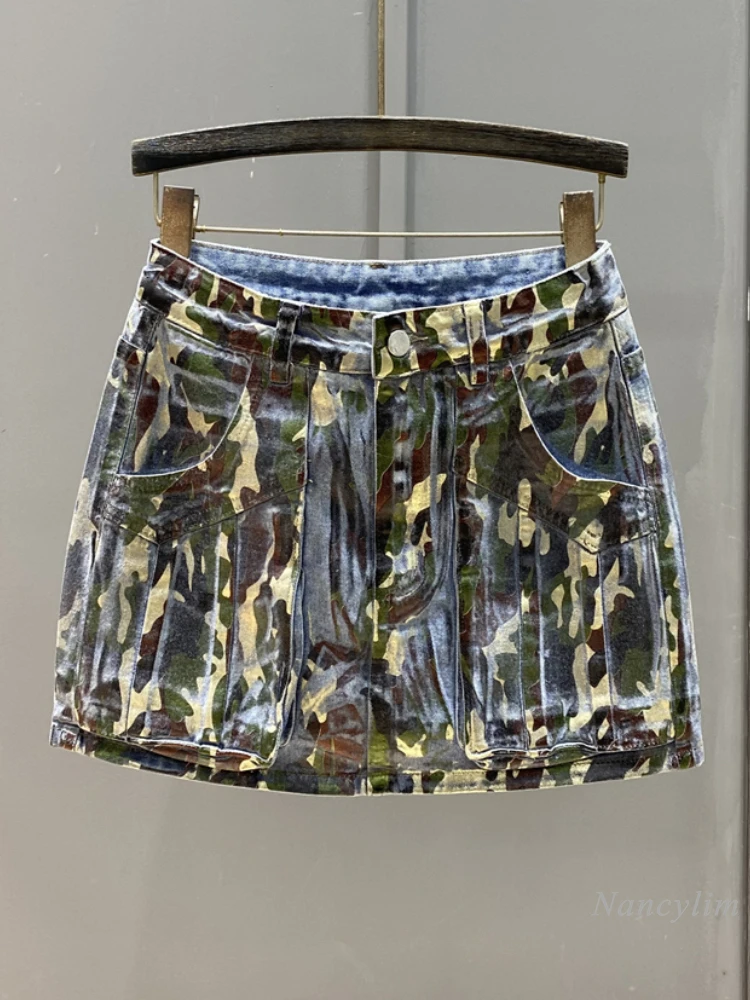 Design Sense Niche Bronzing Printing Denim Skirt Women 2025 Spring New Fashionable Personalized A-line Hip Skirts