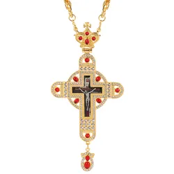 Orthodox Cross Pectoral Jesus Priest Church Necklace Rhinestones Chain Religious Jewelry Pastor Crucifix Prayer Items