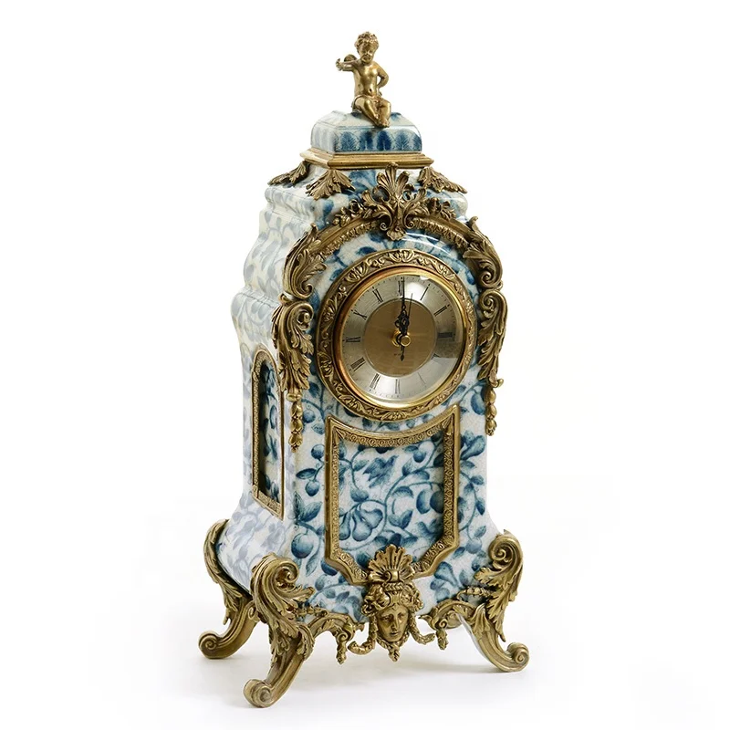 

American European high-end luxury ceramics with copper decorative clock clock blue white porcelain art clock crafts ornaments