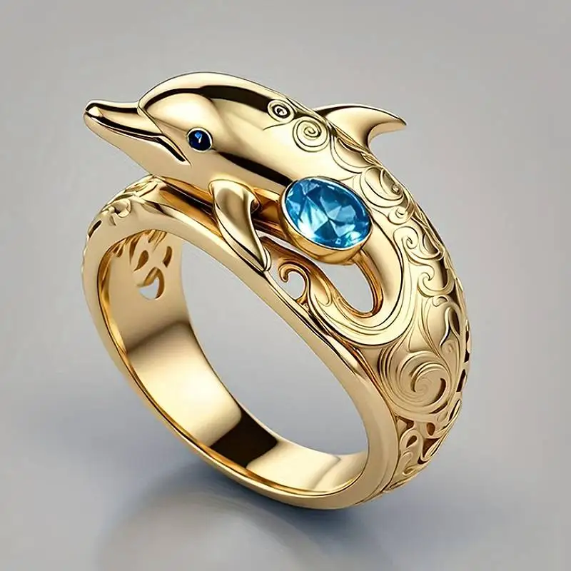 Huitan Fresh Style Damen-Ring mit Delfin-Design, eingelegt mit glänzendem blauen CZ, modisch, charmant, Party-Accessoires für Damen, schicker Tierschmuck