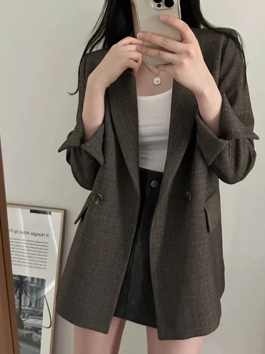 Chique casual solto terno feminino jaet outono inverno novo sle coreano sle longo sve duplo breasted simples gola clássica