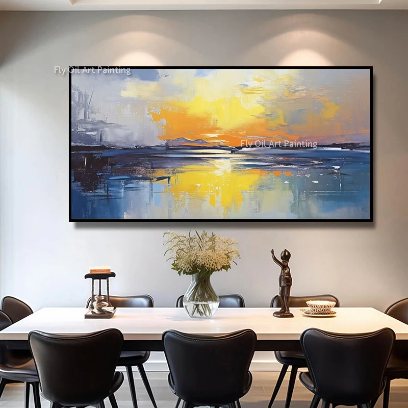Original Popular Artwork Blue Ocean View Oil Painting On Canvas Hand Painted Yellow Sea Sunset Landscape Home Wall Decor Items