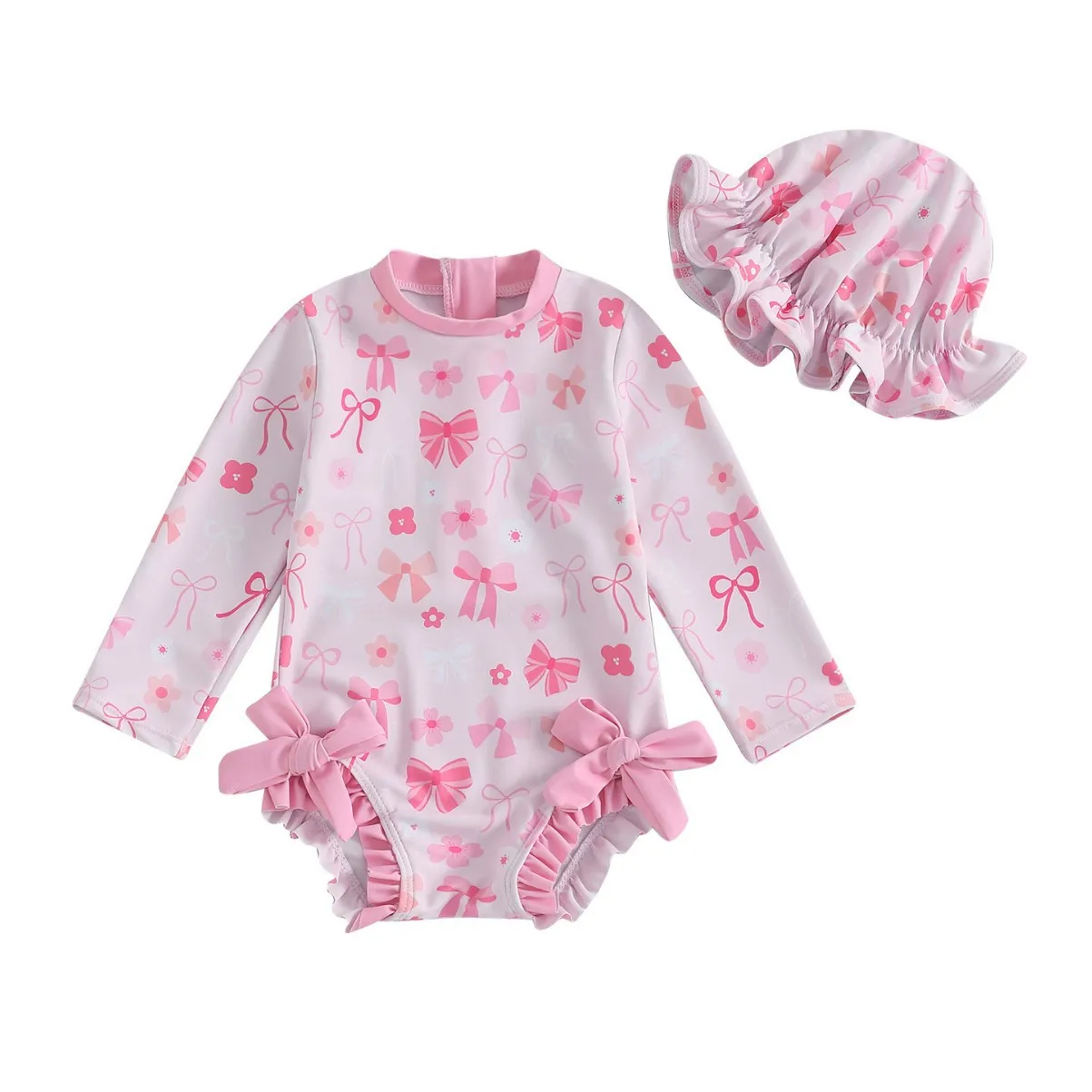 New Girls Summer One-piece Swimsuit Kids Cartoon Rabbit Sun-protective Long Sleeve Quick-Dry Triangle Swimwear Baby Bathing Suit