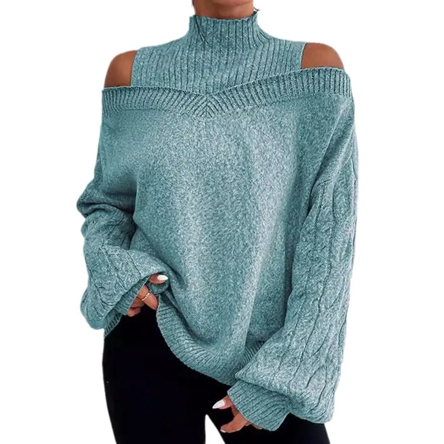 

2025 New Fall Women Solid Full Sleeve Off Shoulder Sweaters Elegant Office Lady Knit Sweater Half High Collar Splice Pullovers