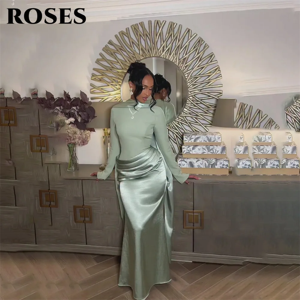 

ROSES Mint Green Party Dress O Neck Mermaid Evening Dress Ruched فساتين السهرة Long Sleeve Gala Dress Customized