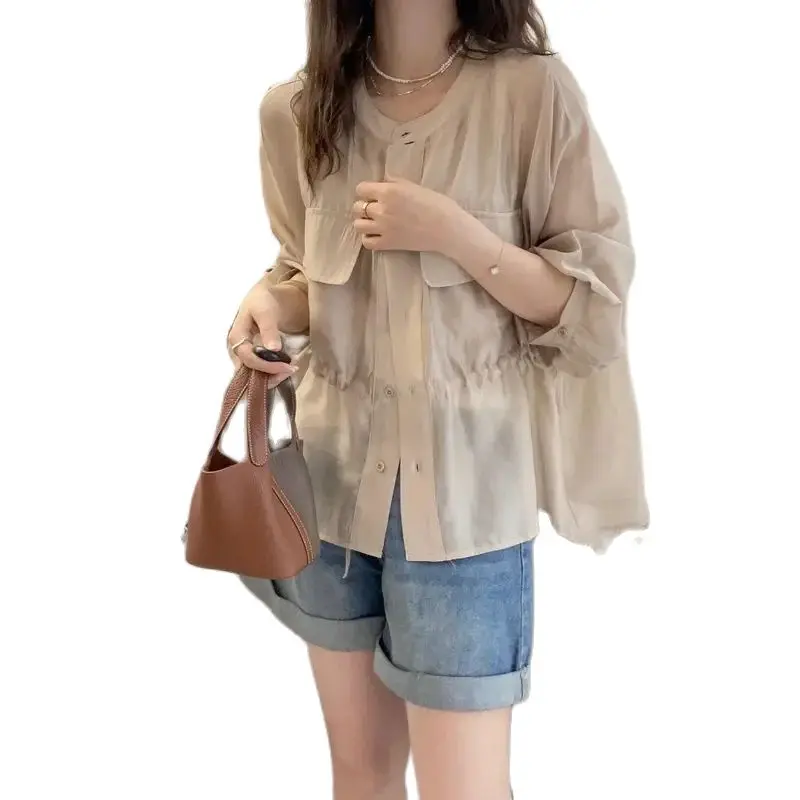 

Spring Summer Short Sunscreen Shirt Coat Women 2024 New Fashion Loose Casual Tops Pure Colour Button Drawstring Blouse Female