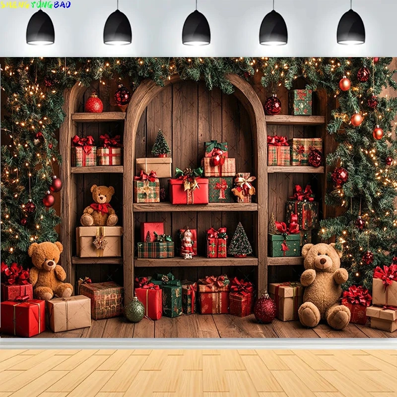 

Christmas Day Pine Tree Bell Wreath Photography Backdrops Indoor Fireplace Winter Elk New Year Family Portrait Background CT-06