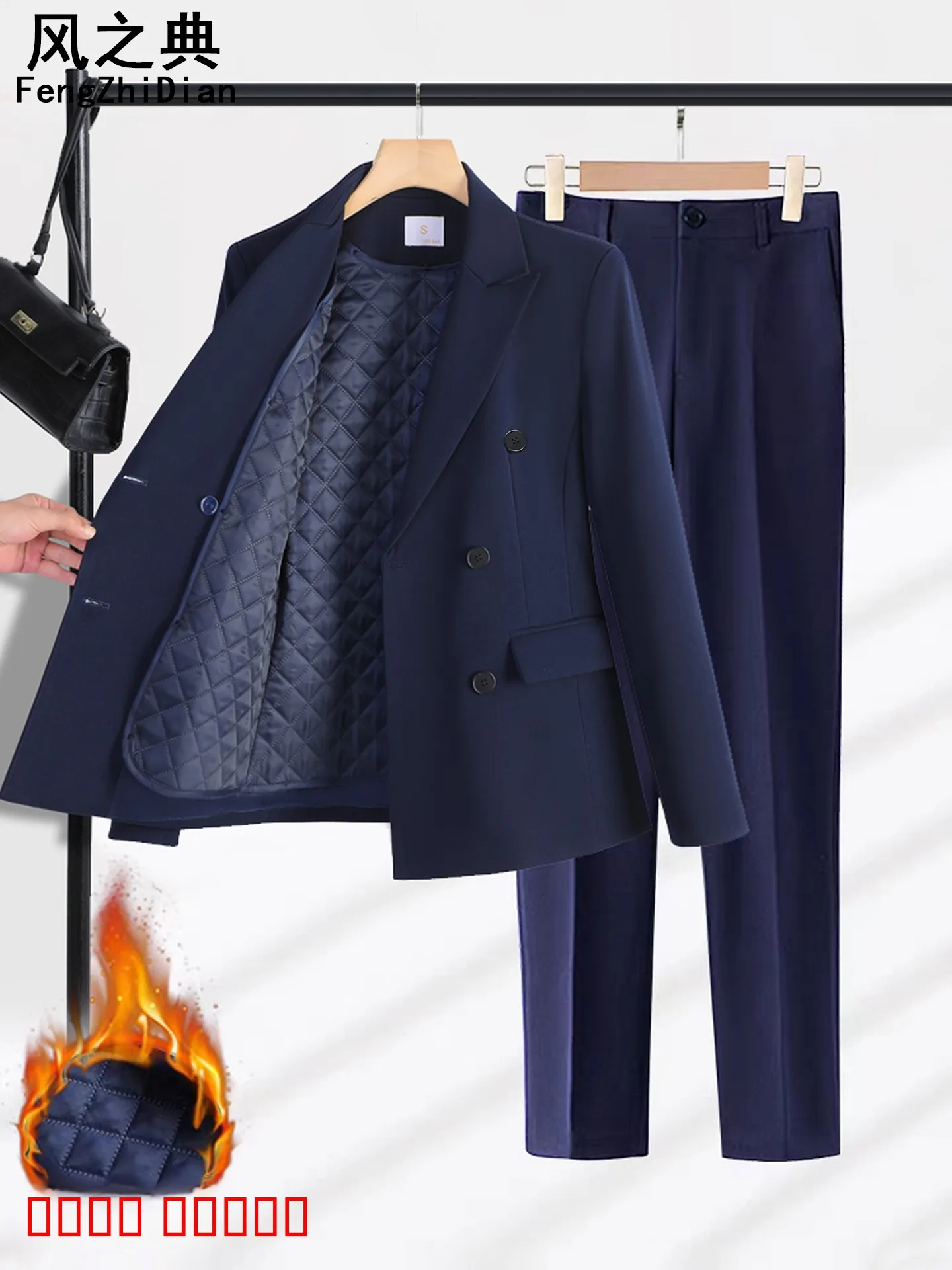 

Thiened Cotton Women's Suit Jaet Winter Warm Interview Formal Wear Double Breasted Long Sve Pure Color Polyester Fiber