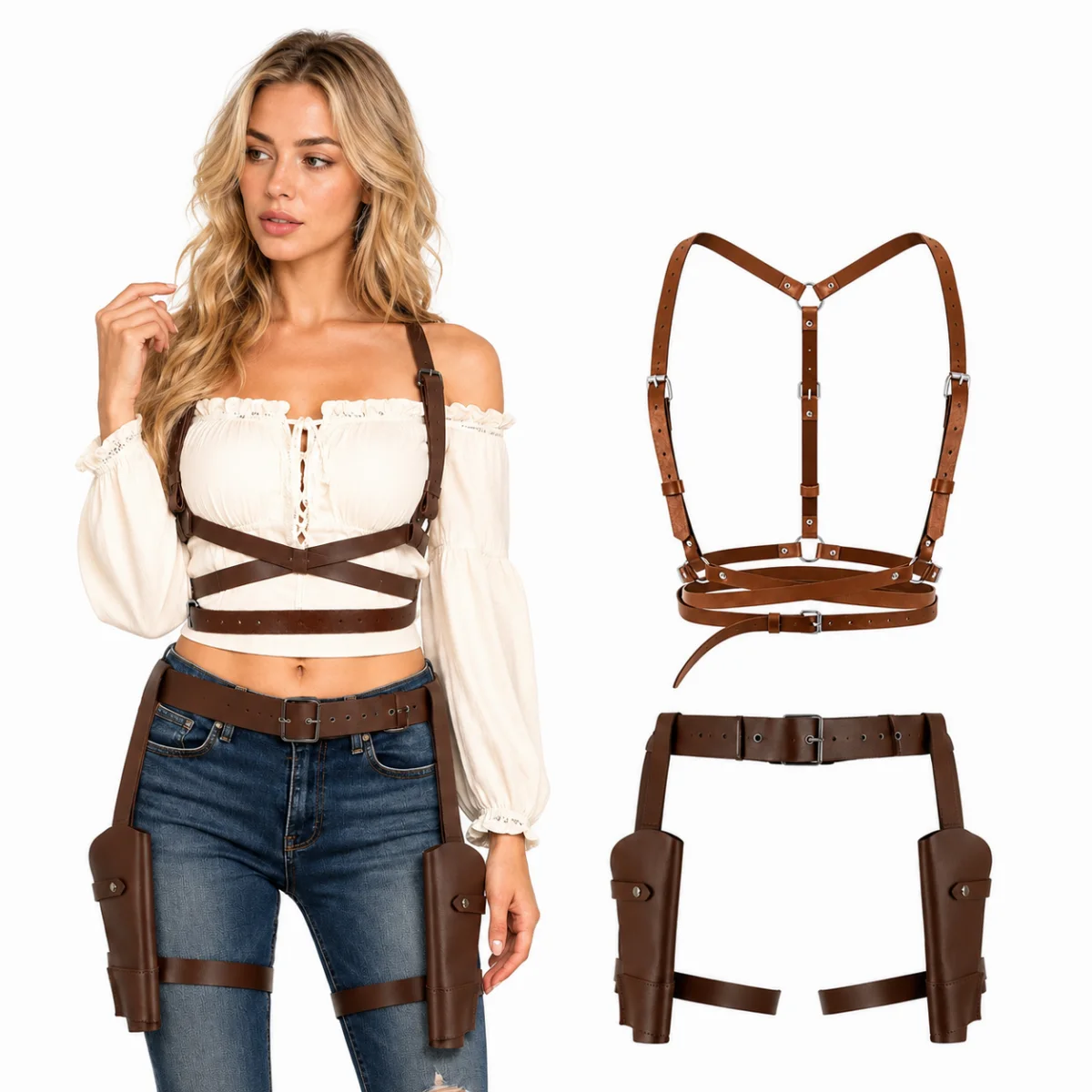Women Vintage PU Leather Harness Leg Holster Set Retro Western Cowboy Cosplay Costume Accessory for Party Halloween