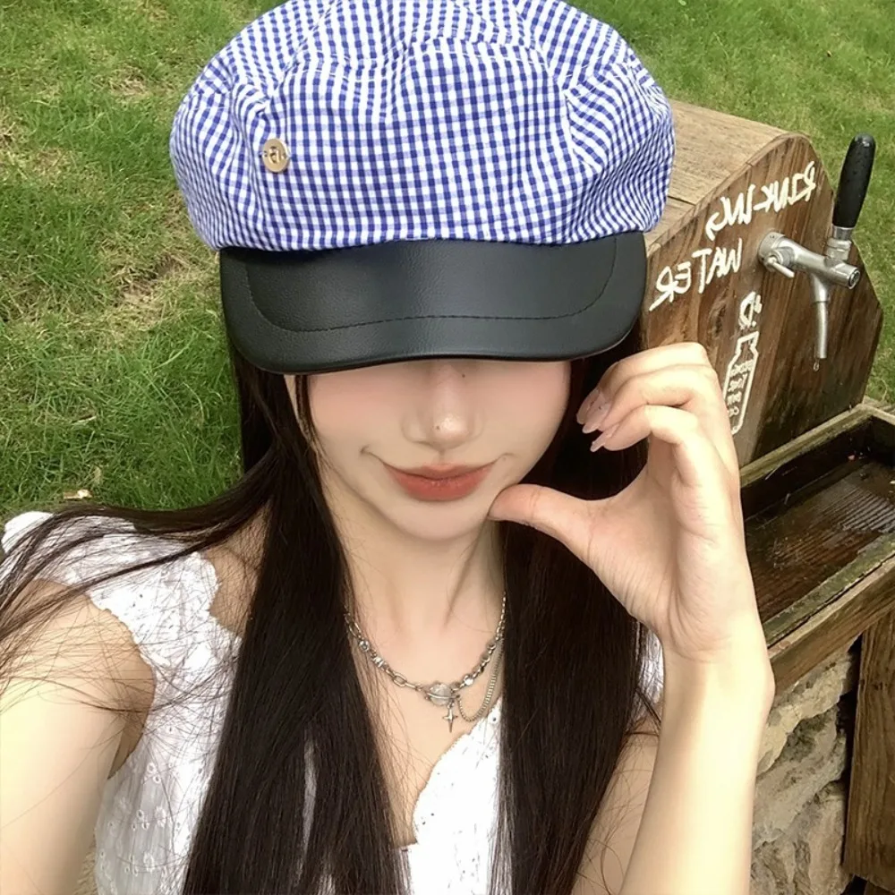 

Fashion Blue Plaid Beret Flat Top Designer Sailor Hat Y2k JK Navy Cap Outdoor
