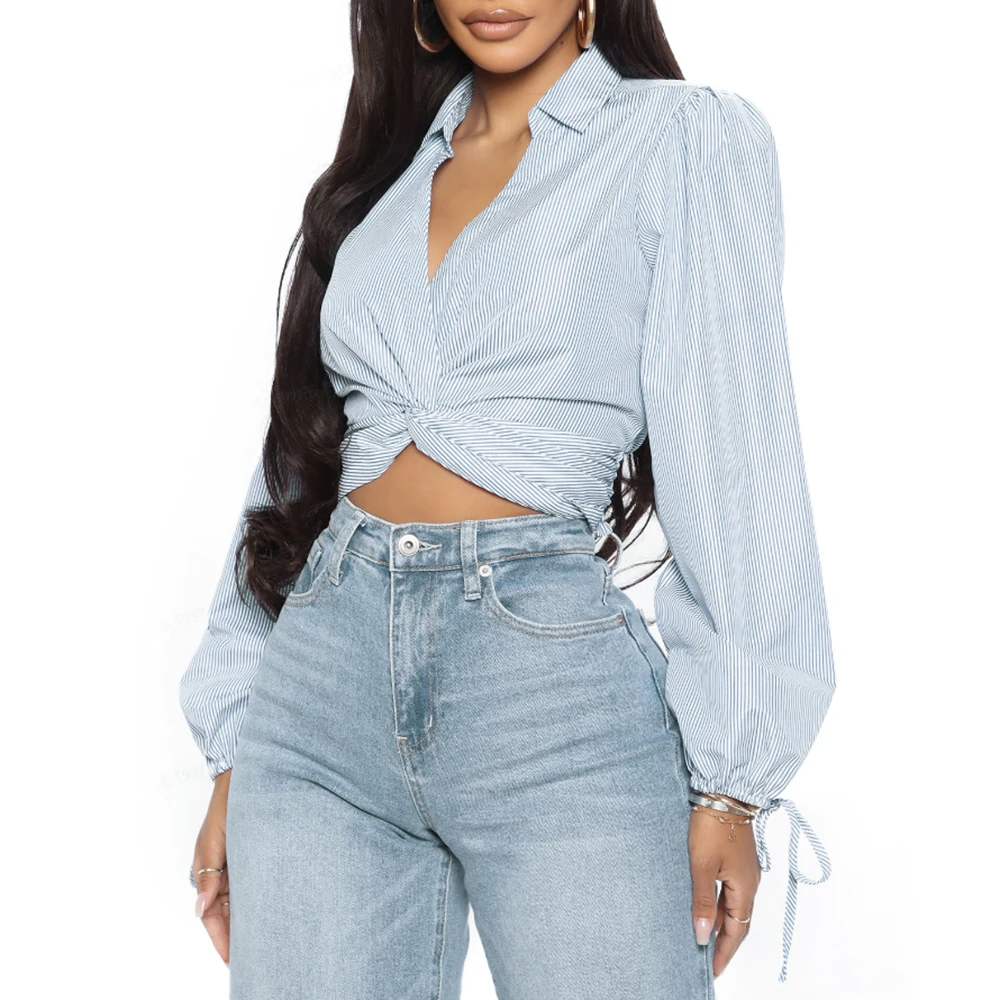 

Arazooyi Women'S Shirts All Seasons Decent Stripe Front Cross Back Strap Twist Long Sleeve Split Neck Work Shirts