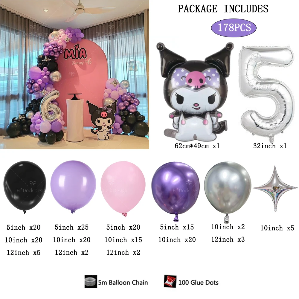 178 pz Sanrio Kuromi Viola Festa Tema Palloncino Arco Kit 32 pollici Numero 1-9 Palloncini Foil per Bambini Ragazza Compleanno Decora Forniture