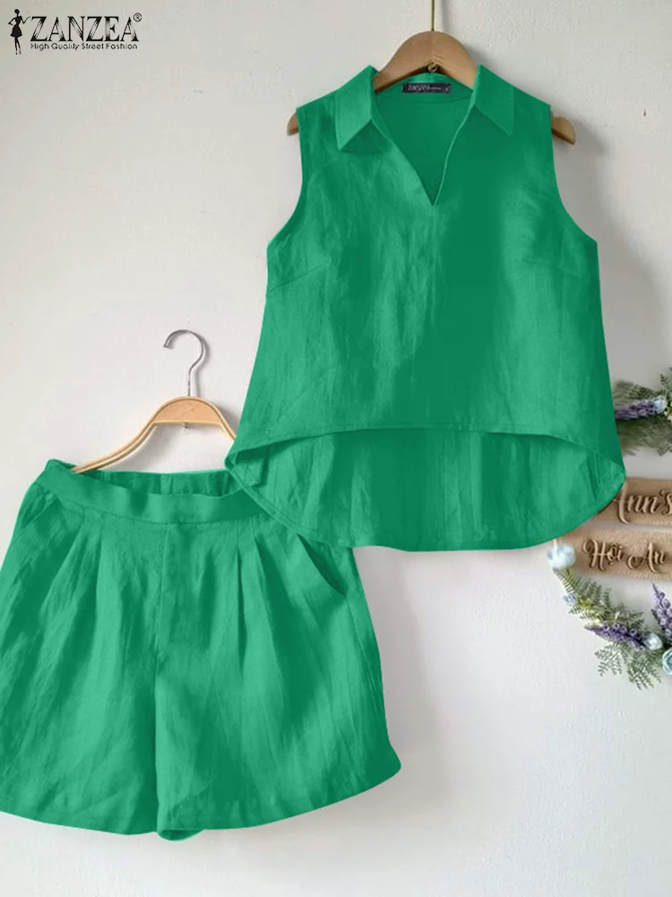 

ZANZEA Casual Womens 2 Piece Sets Elastic Waist Shorts Summer Turn-Down Collar High Low Sleeveless Tops Short Sets 2PCS Outfits