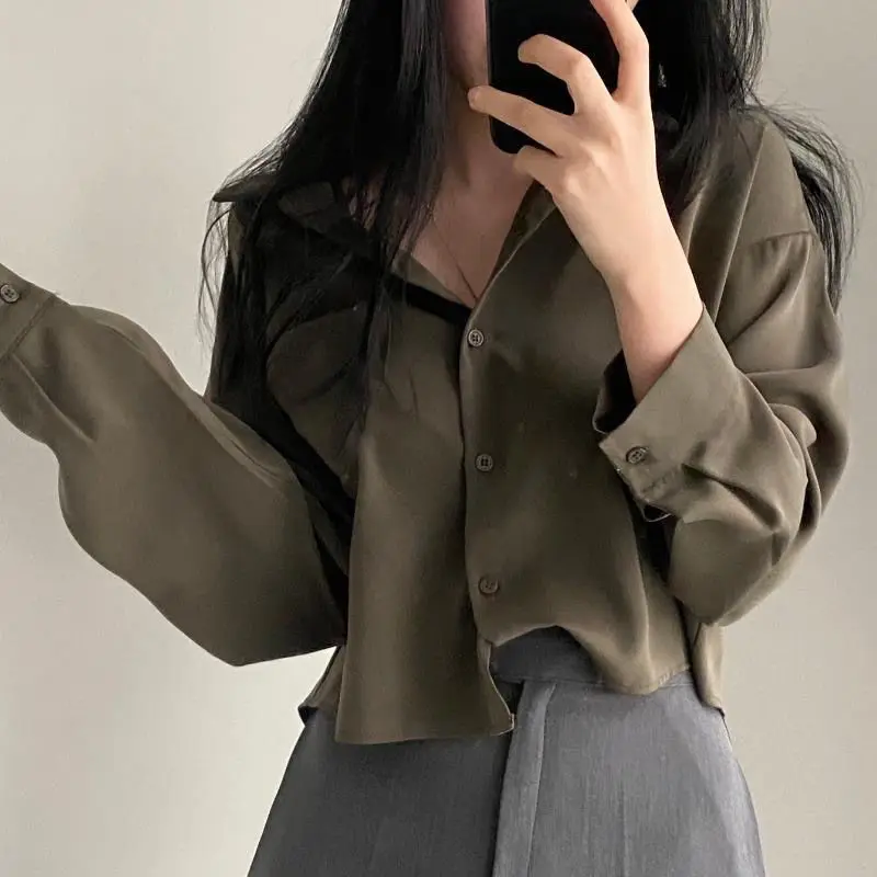 Korean Short Shirt Tops Spring New Long Sleeve Polo Neck Solid Color Loose All-match Youth Blouse Fashion Casual Women Clothing