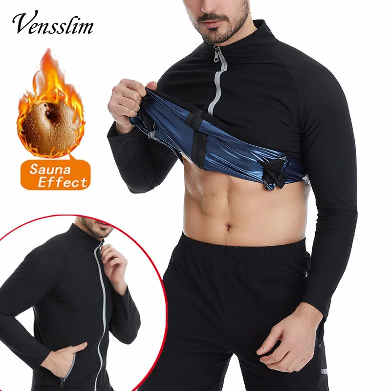 Men Sauna Suit Neoprene Sweat Jacket Workout Weight Loss Long Sleeve Vest Waist Trainer Body Shaper with Zipper Slimmming Tops