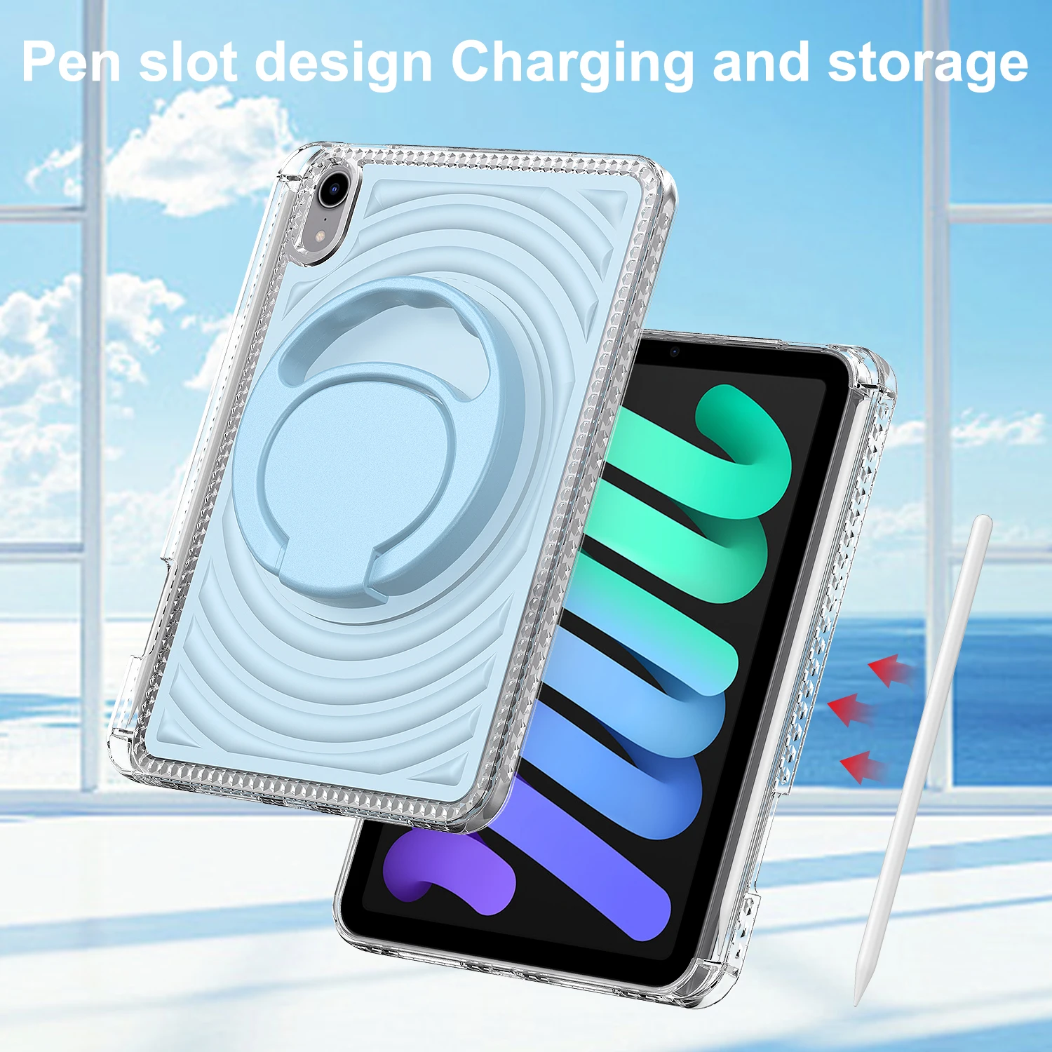 For iPad mini (2024)  /  (2021) Case Kickstand Wave Pattern Shockproof TPU + PC Tablet Cover - Baby Blue