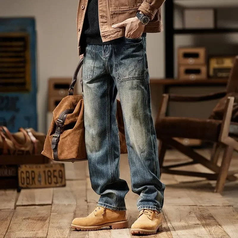 Met zakken jeans voor mannen hoge kwaliteit Y2k broek streetwear denim katoen wijde pijpen Koreaanse stijl zachte luxe man cowboybroek