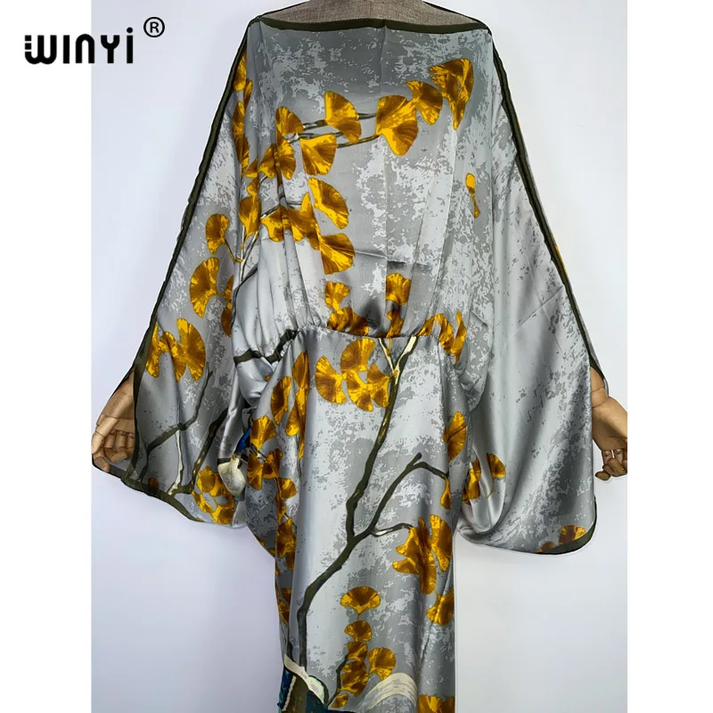 WINYI 2022 fashion Printed Party Long Dress Women Silky Elegant kaftan one Neck long Sleeve Dress Ladies Fashion Beach Dresses