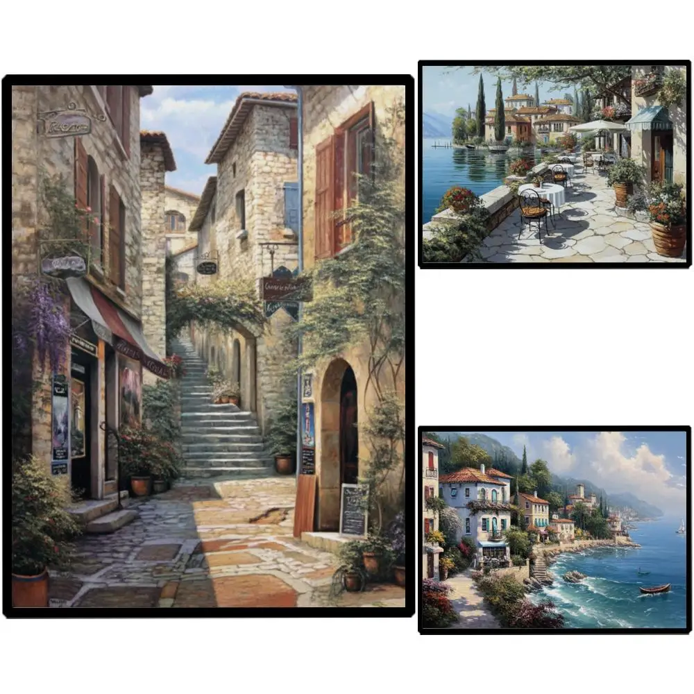 Italian Lake Villa Canvas Print HD Mediterranean Coastal Landscape Wall Art Tuscan Scenery Printed Picture for Living Room Decor
