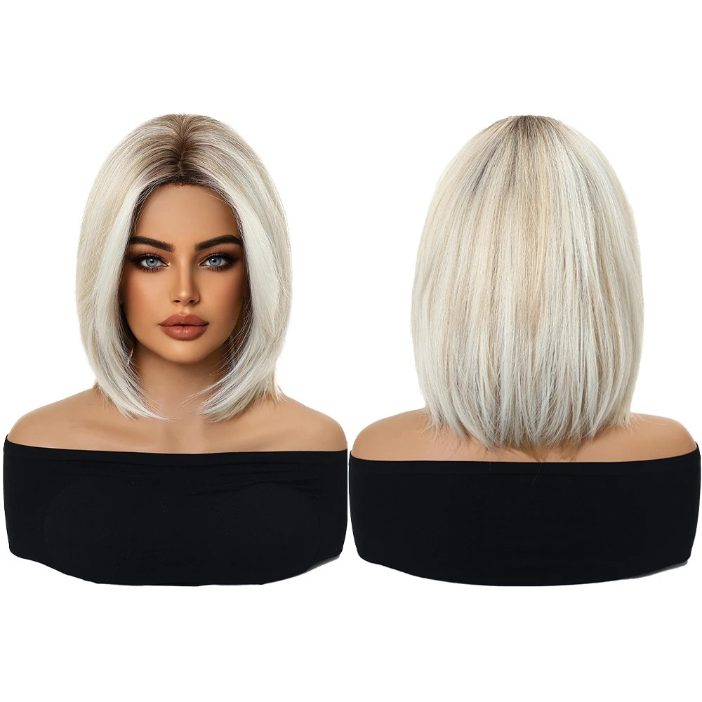 Ice Blonde Ombre Straight Bob Wig Dark Roots Natural Looking Soft Heat Resistant Synthetic Hair For Women Daily Cosplay Party