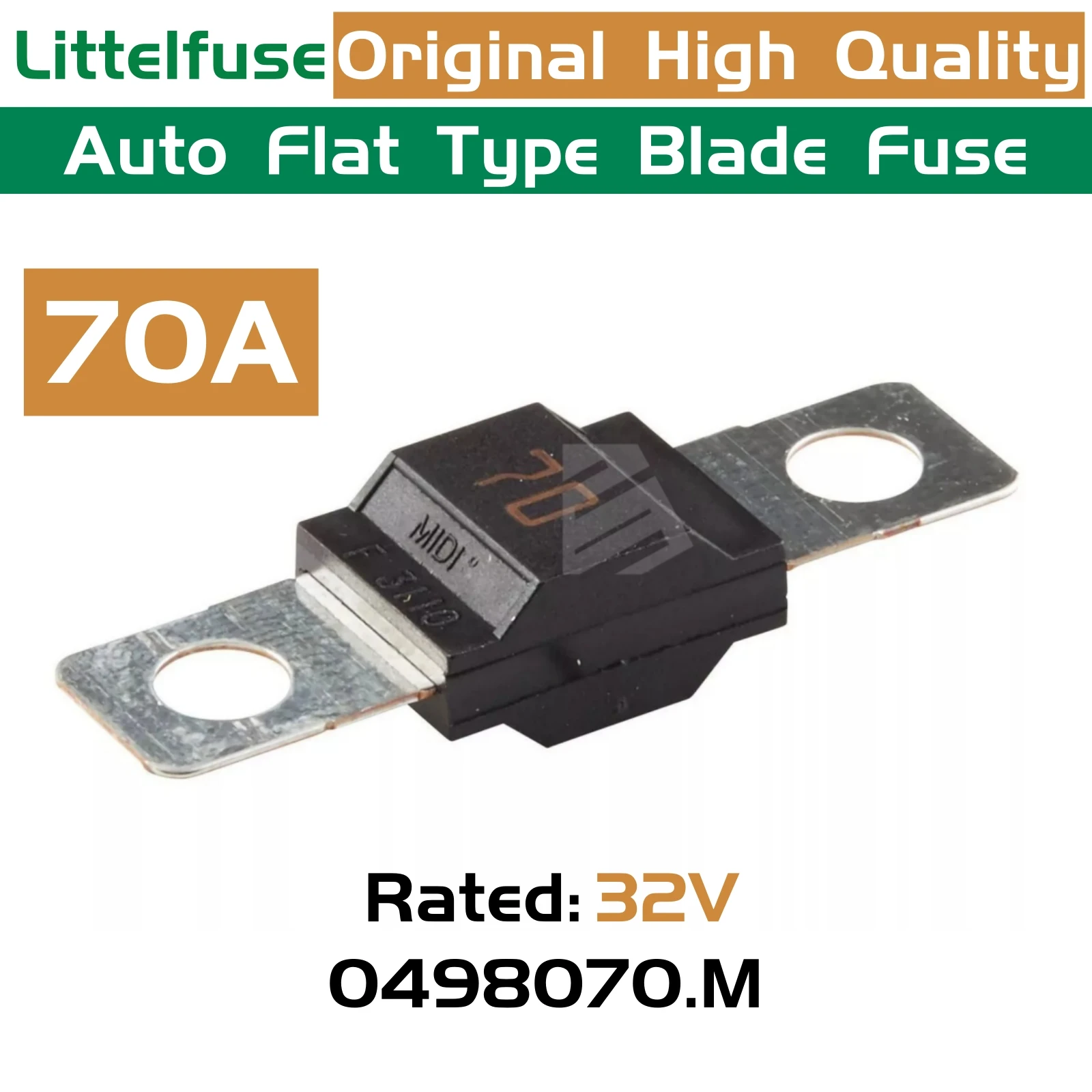 

Original Littelfuse MIDI 498 70A Rated 32V 0498070.M small Bolt-down Fuse for Car Flat Type Blade Fuse for Auto Boat Forklift