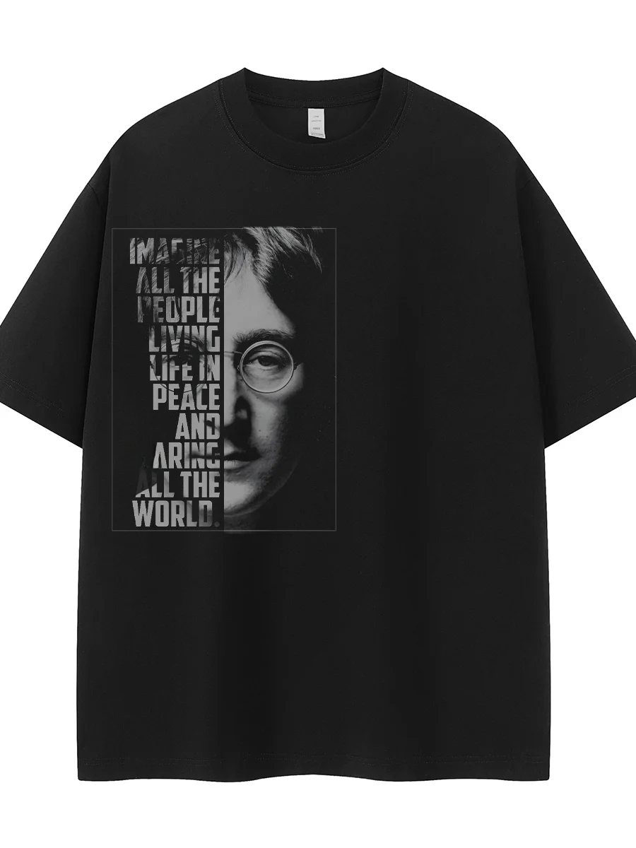 John Lennon Imagine Vintage American Street Style Rock Short Sleeve T-Shirt Fashionable Urban Loose Fit Cotton round Neck Cas...