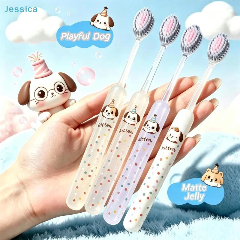 〔S〕2Pcs Polka Dot Cat Soft Bristle Toothbrush Convex Bristle Profile Adult Toothbrush With Soft Bristles Plastic Handle
